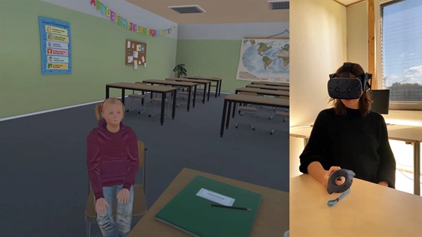 virtuelles_setting-fcd2c5de ViContact: Eine Teilnehmerin mit VR-Brille und das Kind im virtuellen Setting