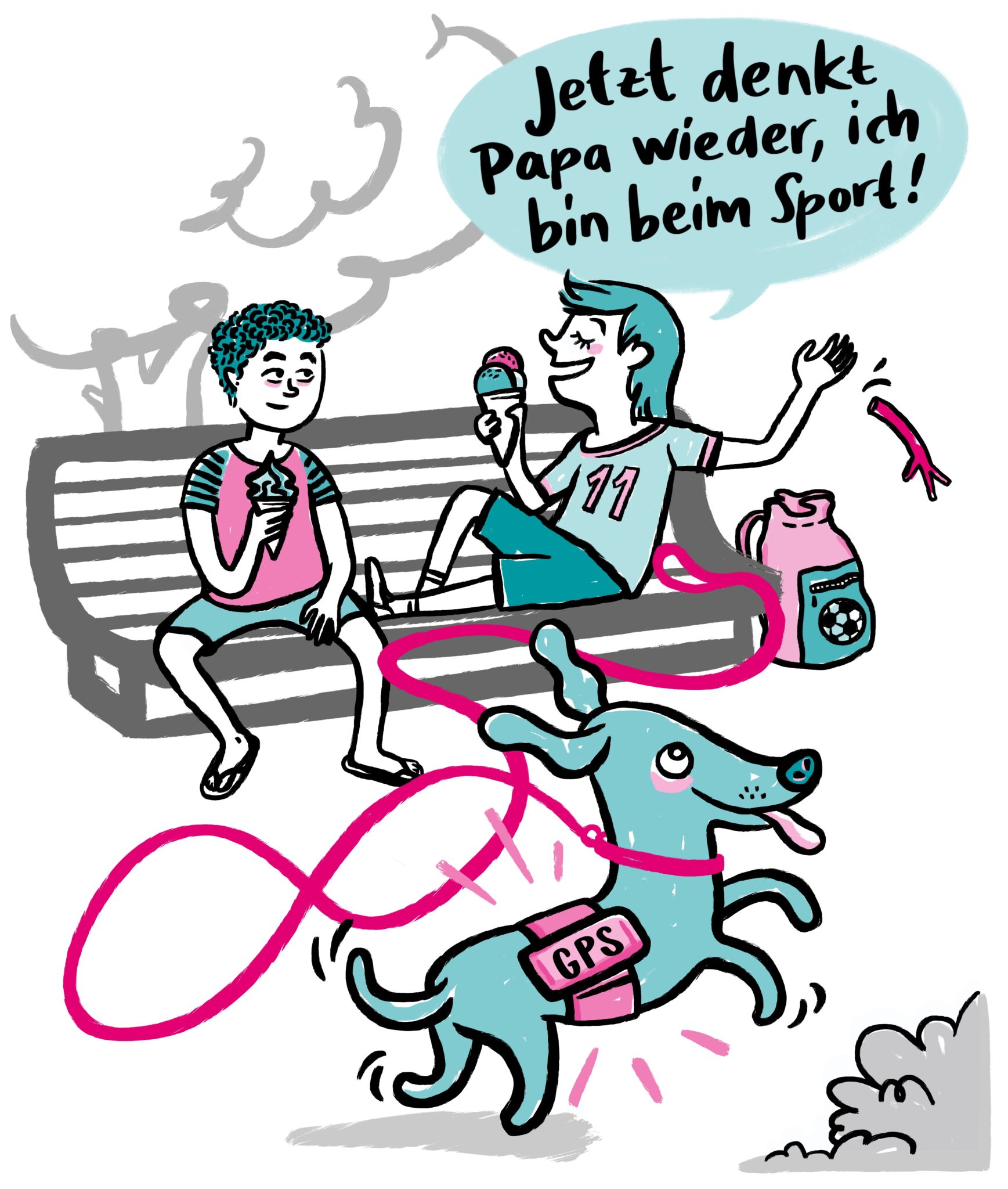 Zwei Personen auf einer Parkbank mit einem Eis und einem Hund mit GPS Gerät. Sprechblase: Jetzt denkt Papa wieder, ich bin beim Sport!