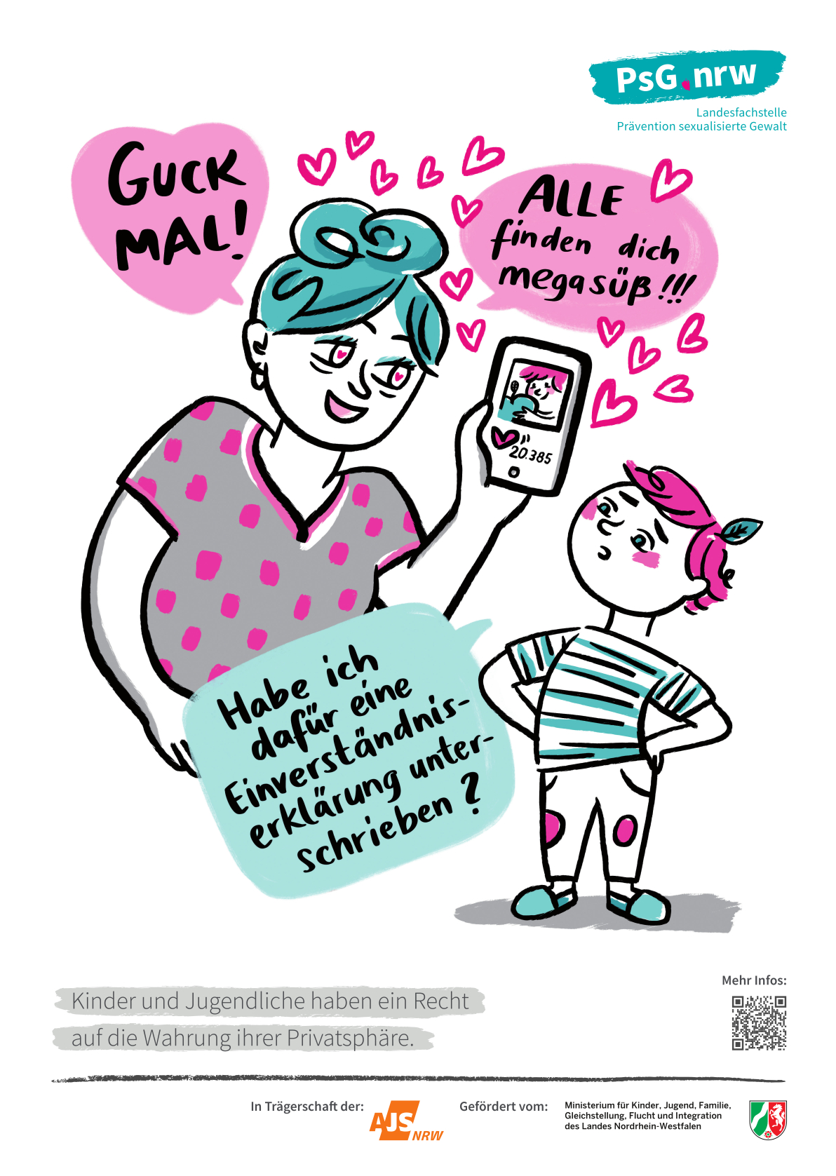 Eine Mutter die ein Bild ihres Kindes veröffentlicht hat und dem Kind mitteilt, dass es alle süß finden. Das Kind fragt, ob es dafür auch seine Einverständniserklärung gegeben hat.